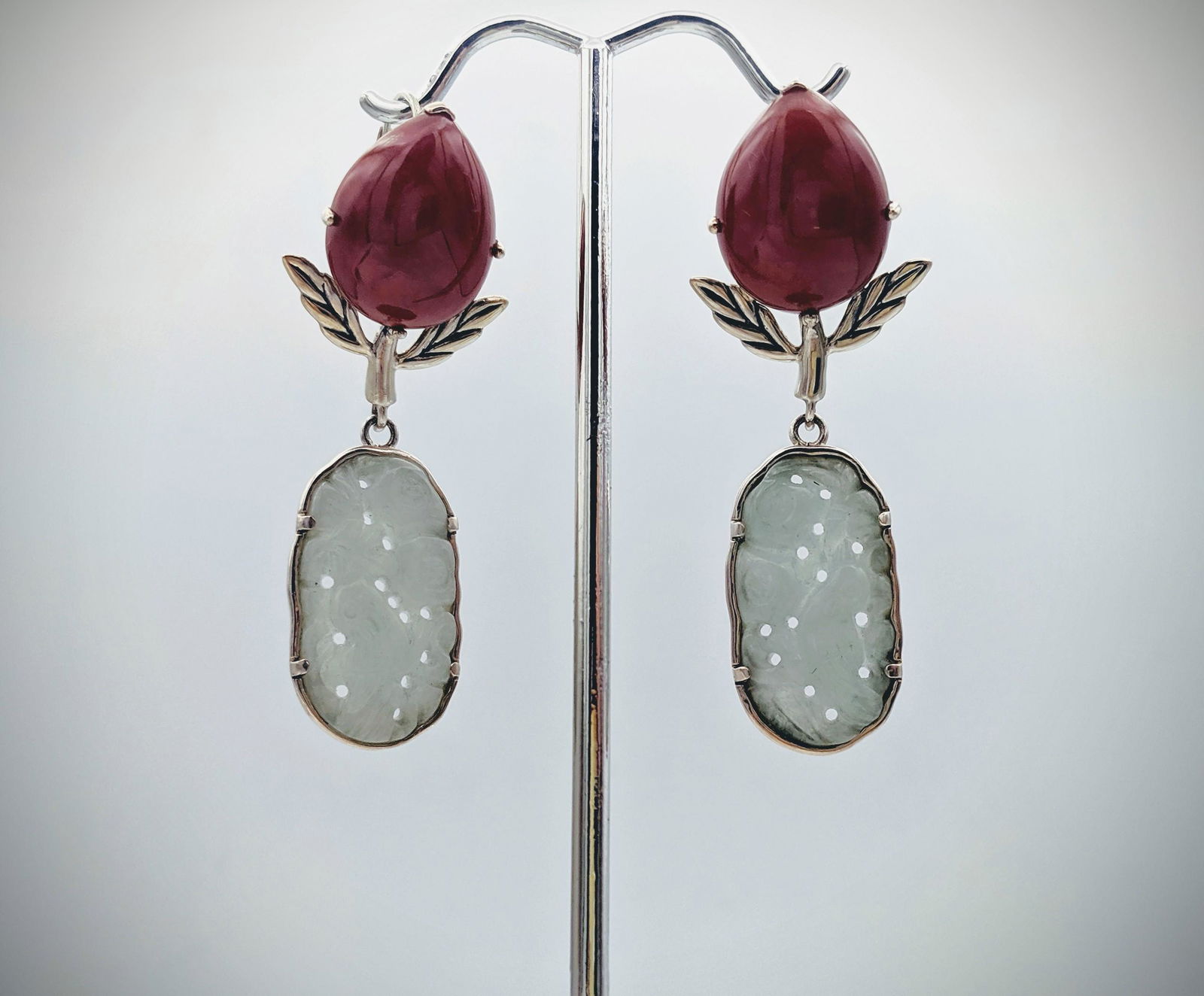 Sterling Silver Engraved Jade Drop Earrings w Agate (1 of 3)