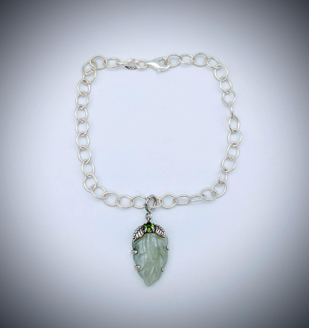 Sterling Silver Italian Bracelet with Leaf Design Jade (1 of 3)