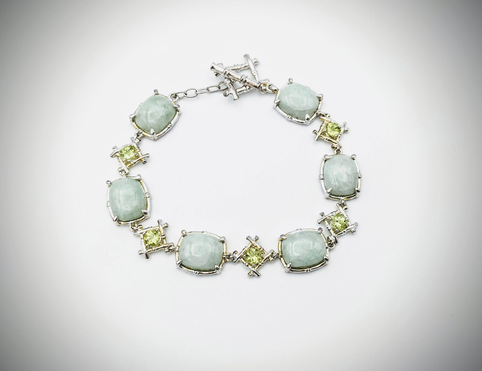 Sterling Silver Jade, Peridot Bracelet w Bamboo Design (1 of 3)