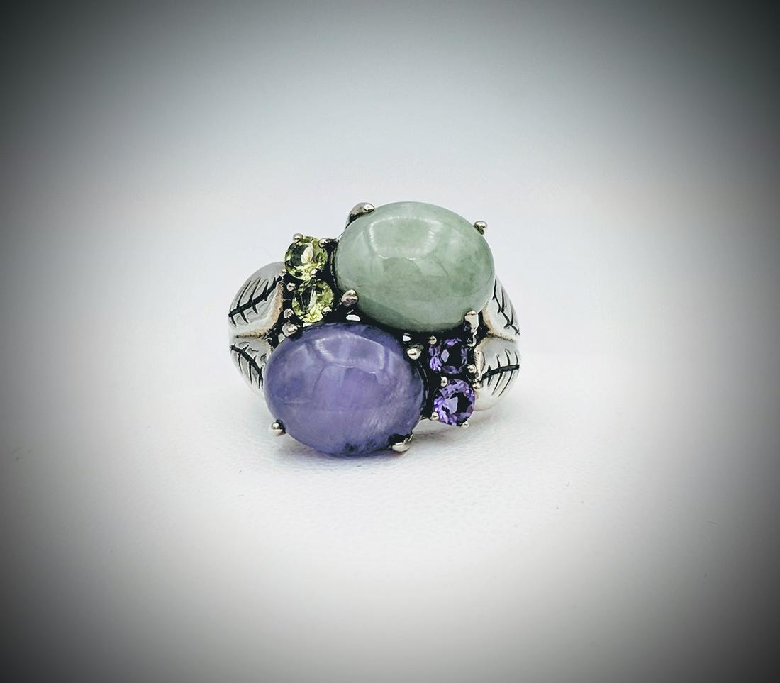 Sterling Silver Leaf Ring Sz 7 w Jade, Violet Jade, (1 of 3)