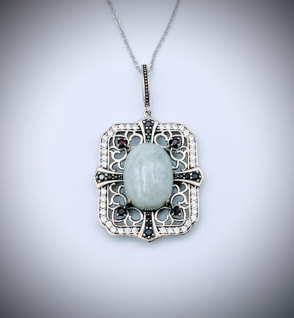 Sterling Silver Necklace & Pendant w Jade, Melanite, (1 of 3)