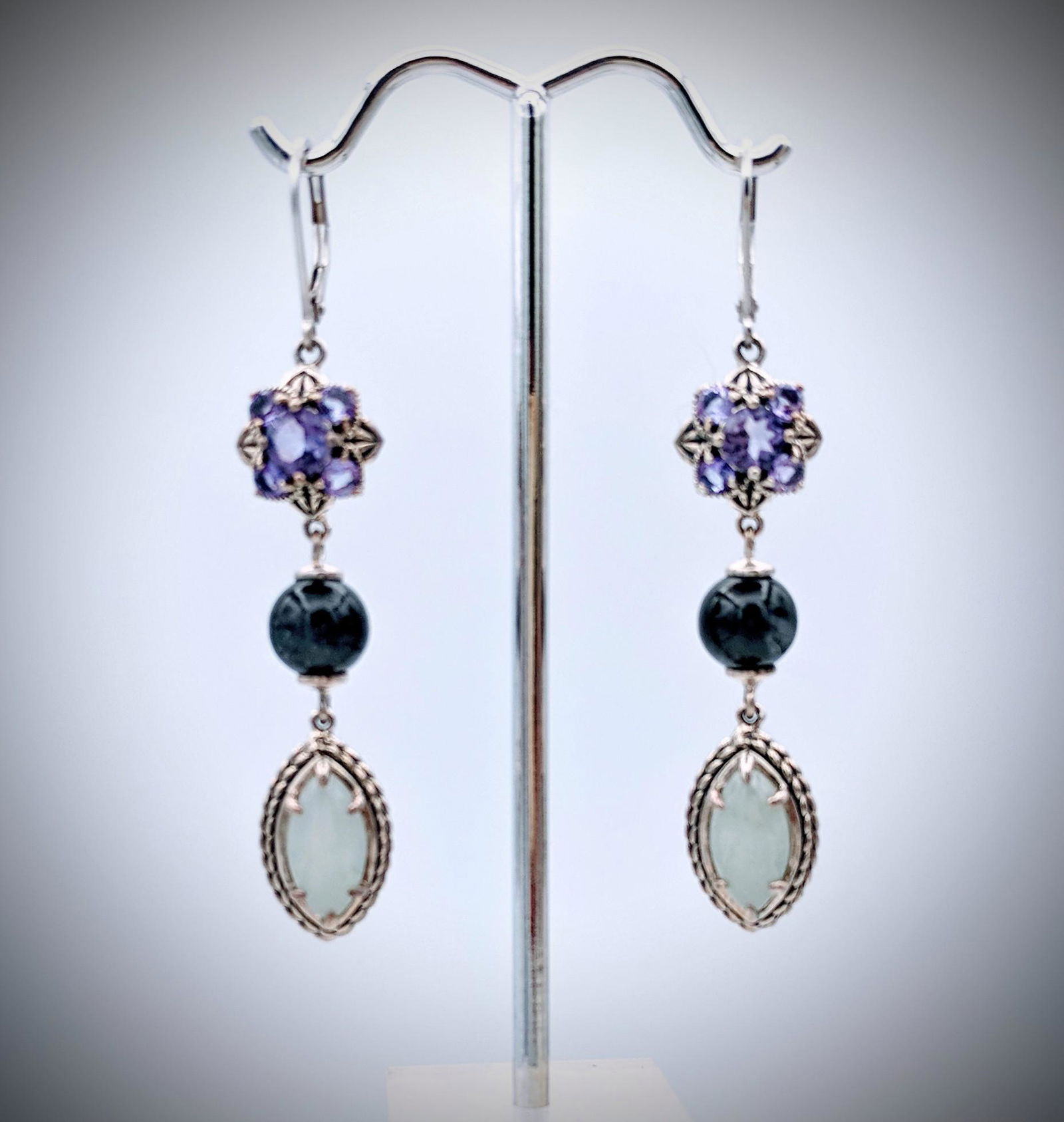 Sterling Silver Three Drop Earrings w Amethyst, Nuumite (1 of 3)