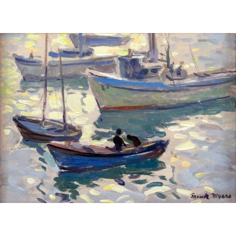 22,4" Frank Harmon Myers Monterey Harbor, Mixed media: FRANK HARMON MYERS (1899-1956) Ready to be hang on the wall. Canvas on the wooden frame. Medium: printed on canvas panel Diagonal: 22,4" or 57 cm. Size: 17,7" x 13,8" (in) or 45 x 35 cm. Date: c. 1930