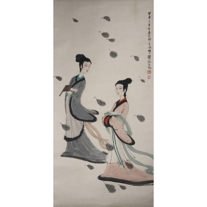 21,2" FU BAOSHI SHI NV TU PAPER VERTICAL AXIS PAINTING,: FU BAOSHI (1904-1965) Ready to be hang on the wall. Canvas on the wooden frame. Medium: printed on canvas panel Diagonal: 21,2" or 54 cm. Size: 7,9" x 19,7" (in) or 20 x 50 cm. Date: c. 1948. w / C. o