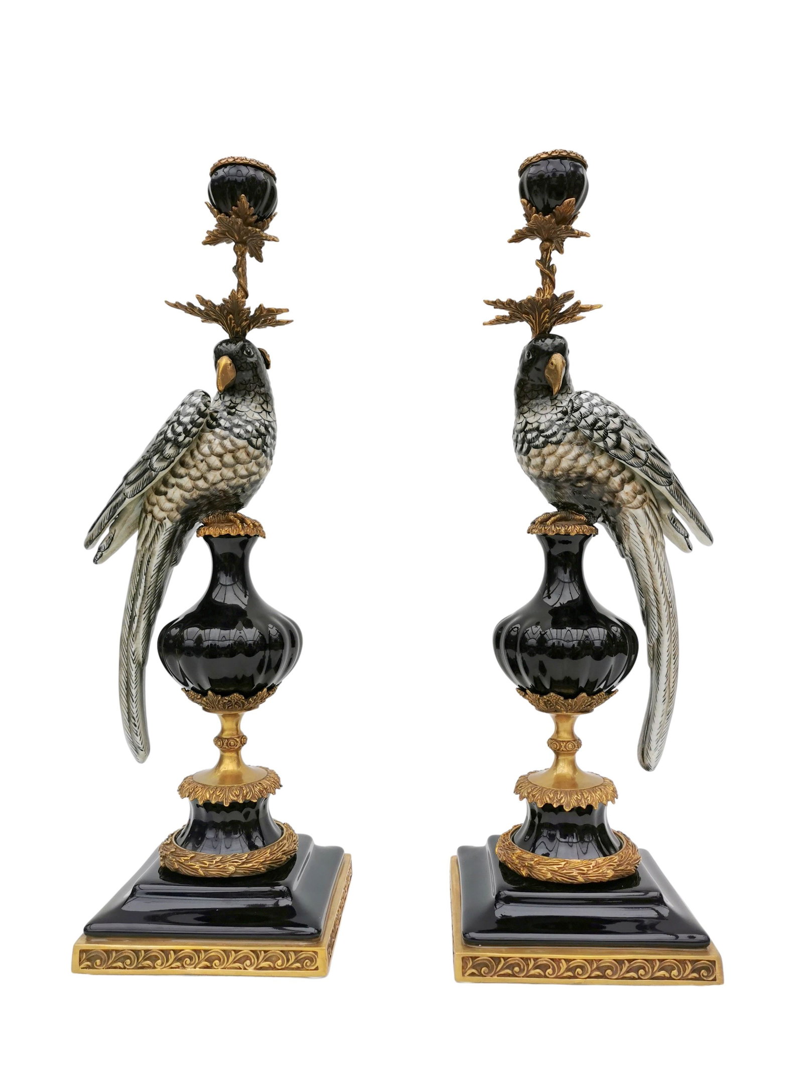 Candelabra - 2 - Parrots - Bronze - Porcelain: Title: Candelabra - 2 - Parrots - Bronze - Porcelain Maker: Unknown Origin: France Date/Period: 2nd half 2th century Materials: Bronze, porcelain Dimensions:Dimensions each:Height: 48 cm / 19.2 inches