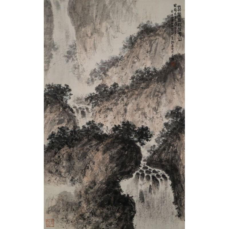25,6" FU BAOSHI RUSHING WATERFALL SCROLL PAINTING,: FU BAOSHI (1904-1965) Ready to be hang on the wall. Canvas on the wooden frame. Medium: printed on canvas panel Diagonal: 25,6" or 65 cm. Size: 13,8" x 21,7" (in) or 35 x 55 cm. Date: c. 1948. w / C.