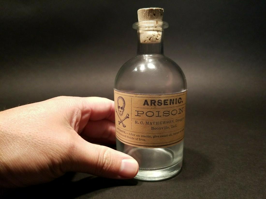 Glass Apothecary Arsenic Poison Bottle: 5 1/4" Tall without the stopper x 2 1/2" Wide Wonderful reproduction clear empty arsenic poison bottle with stopper. Nice heavy quality, made to look like an antique. Be sure to see the images!!.. Res