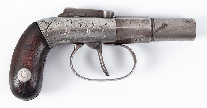 Ethan Allen Small Single Shot Pistol: 308-512 Title: Ethan Allen Small Single Shot Pistol, Date/Period: Patented 1837 Measurement: Serial number 67, .31 caliber percussion, 2"-barrel Additional Information: Ethan Allen Small Single Shot P