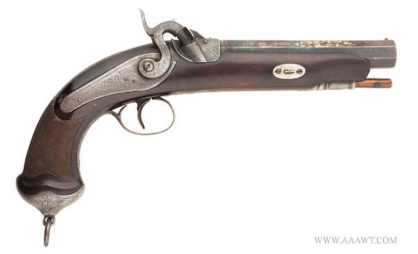 Pistol, Spanish, Engraved & Silver Inlayed Barrel,: 308-385 Title: Pistol, Spanish, Engraved & Silver Inlayed Barrel, Dolphin Hammer & Nipple Shield Date/Period: De Herraduras F.ADe mYnocencio Vidarte en Eibar(Spain) Ana de 1857 Measurement: .70 calibe