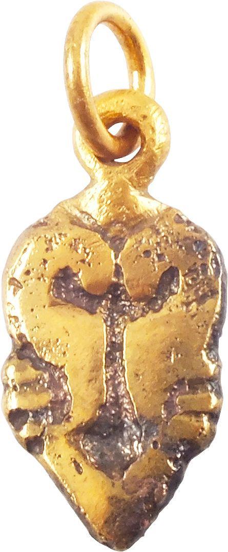 VIKING HEART PENDANT C.1000 AD JEWELRY: VIKING HEART PENDANT C.1000 AD JEWELRY. Just over 3/4” height. Iconic elongated form with scrolling foliate motif. Foliate designs were favored by Vikings and incorporated into about half of heart p