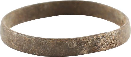 ANCIENT RARE VIKING RING, 900-1050 AD SIZE 2 ¼: Size 2 ¼ for the small finger as was the custom. Bronze band, 2.0mm width, with a flat surface. Mottled green/brown patina with encrustation from burial. Vikings exchanged rings on the pommel of the 