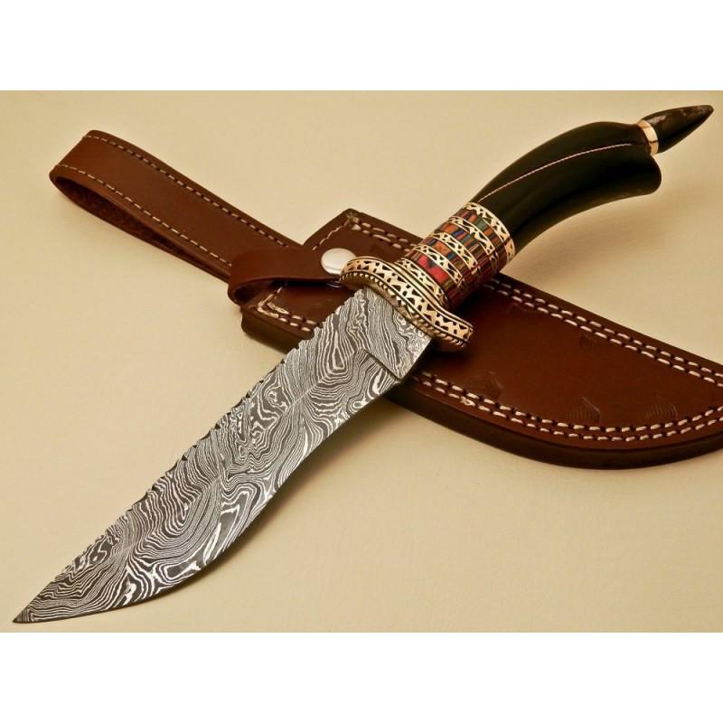 Damascus steel knife leather sheath horn micarta handle (1 of 4)