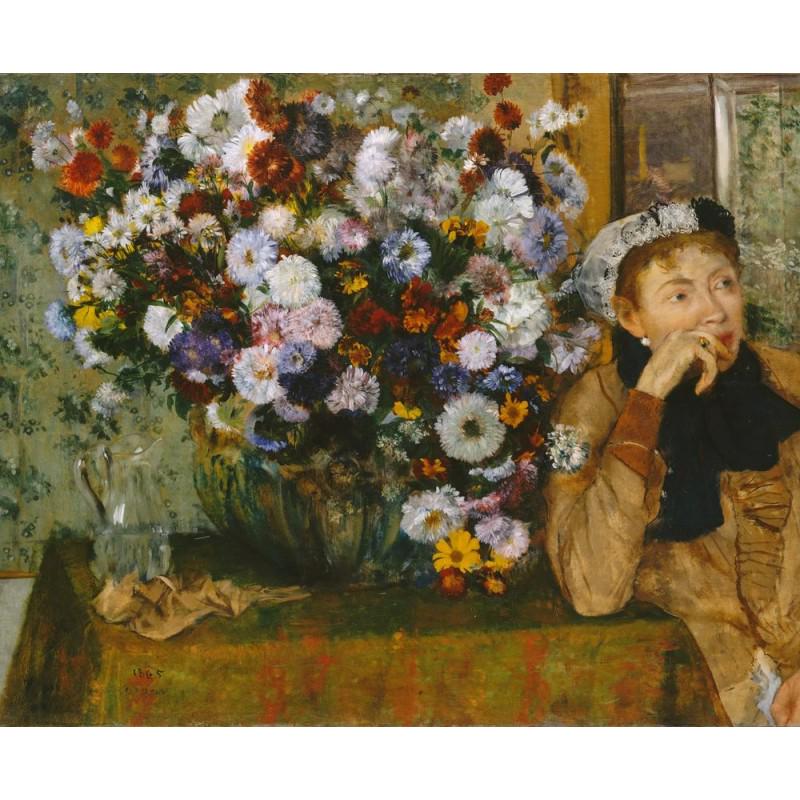 28" EDGAR DEGAS Woman Seated beside a Vase of Flowers: EDGAR DEGAS (1834 –1917) Ready to be hang on the wall. Canvas on the wooden frame. Medium: printed on canvas panel Diagonal: 28" or 71,1 cm. Size: 21,7" x 17,7" (in) or 55 x 45 cm. Date: c. 1865. w 