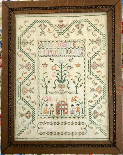 Huge 24" x 18" Sampler in a Vintage Frame: Title: Huge 24" x 18" Sampler in a Vintage Frame Description: Huge 24" x 18" Sampler in a Vintage 27.75" x 21.5" Wood FrameA beautifully detailed, colorful sampler of a home and family, with the alpha
