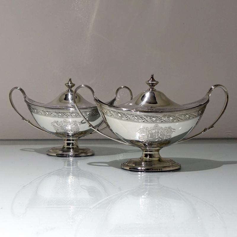 18th Century Antique George III Sterling Silver Pair: Title: 18th Century Antique George III Sterling Silver Pair Sauce Tureens London 1797 John Scofield Subtitle: Pair Georgian silver sauce tureens London 1797 John Schofield. Description: Description A 