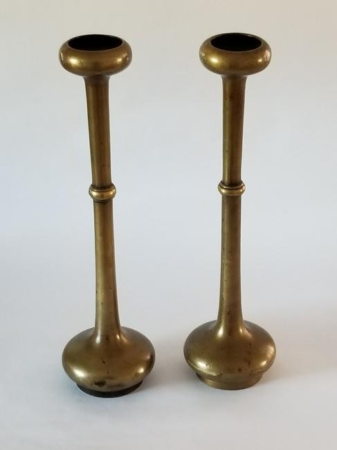 Edo Era Art Deco Pair Brass Bud Vase: Title: Edo Era Art Deco Pair Brass Bud Vase Maker: NA Origin: Japan Date/Period: 1800s Materials: Bronze cast Size:12 x 3 inches Description: Art deco, very exquisite in design and style. This lovely 