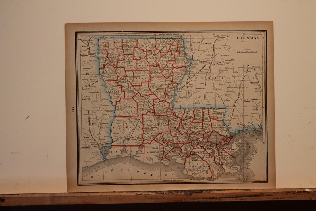 1895 Map of Louisiana: Author: Watson Title: 1895 Map of Louisiana Medium: Ink on Paper Dimensions: 13.5"X11" Map of Louisiana dated 1895. Published by Watson in Chicago. Very detailed. Key upper right. Color coded for terr