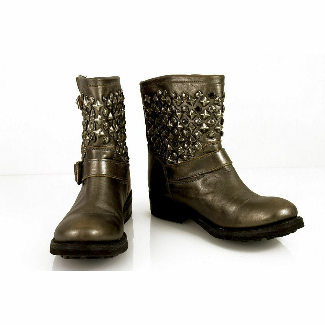 ASH Metallic Leather Silver tone Studs Buckles boots: ASH Metallic Leather Silver tone Studs Buckles boots shoes booties size 41 ASH Metallic Leather Silver tone Studs Buckles boots shoes booties size 41 These fashionable ankle high boots from Ash are a 
