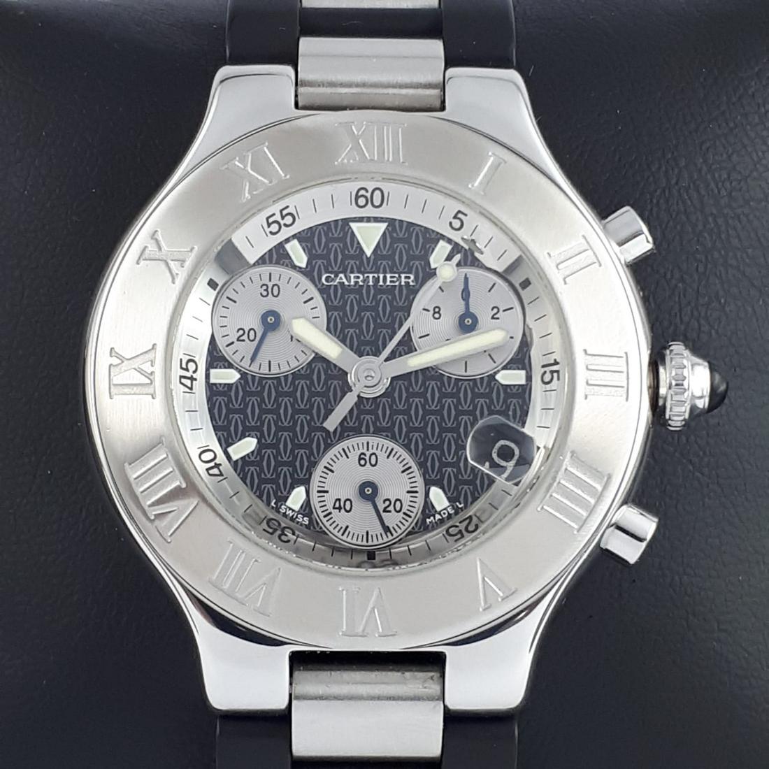 Cartier - 21 Chronoscaph - Ref: 2424 - Men -: Brand: Cartier Model: 21 Chronoscaph Reference Number: Ref: 2424 Gender: Men Period: 2011-present Movement: Quartz Case material: Steel Type: Chronograph wristwatch Shipped Insured: Yes C