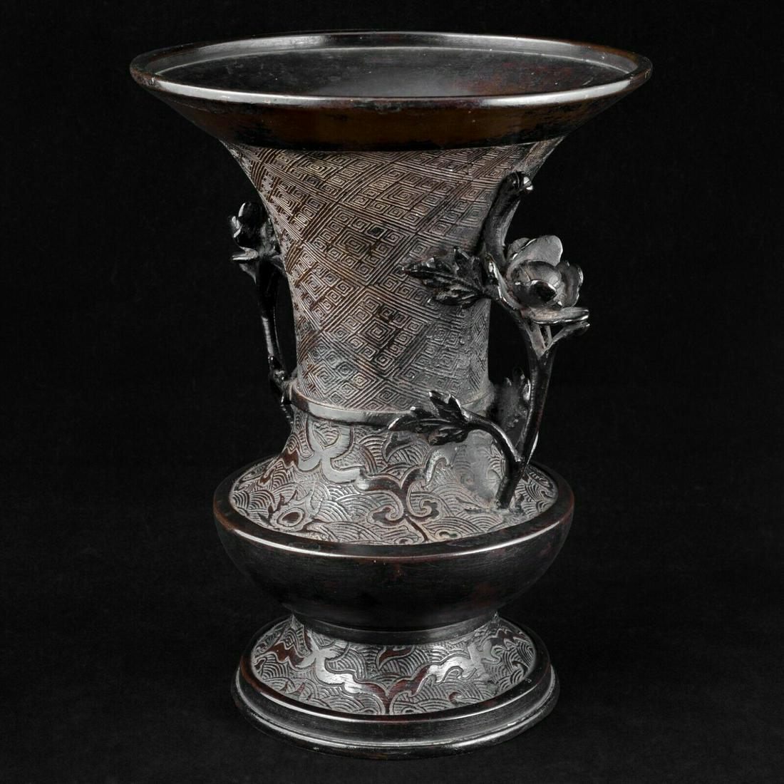 19th C Japanese bronze altar vessel floral handles (1 of 6)