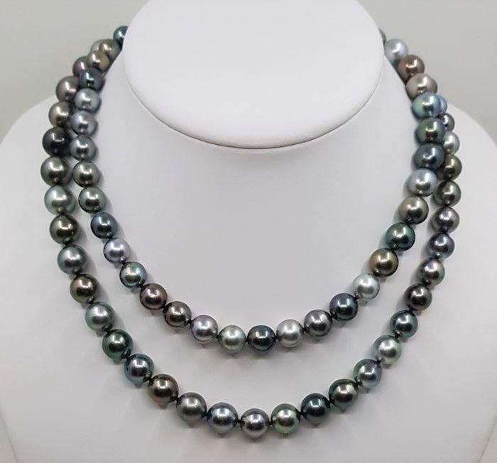925 Silver - 8x11.5mm Shimmering Multi Tahitian Pearls: Title: 925 Silver - 8x11.5mm Shimmering Multi Tahitian Pearls - Long Necklace 90cm Description: Grown in the black-lipped Pinctada margaritifera oyster in the tropical waters of French Polynesia, thes