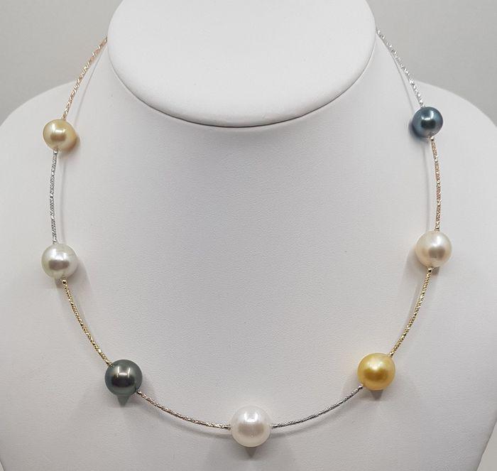 18 kt. Tricolour Gold - 10x13mm Tahitian and South Sea: Title: 18 kt. Tricolour Gold - 10x13mm Tahitian and South Sea Pearls - Necklace Description: An unique necklace containing 7 top quality Saltwater Pearls. Produced in the warm oceans of Australia, the