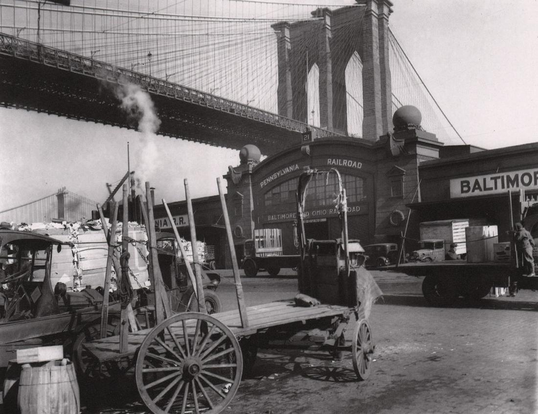 BERENICE ABBOTT - Brooklyn Bridge with Pier 21: Artist: BERENICE ABBOT Print Title: Brooklyn Bridge with Pier 21 Medium: Photo-lithograph Printed in: Japan, 1980’s Image Size: approx. 6.5 x 8” Berenice Abbott (1898 – 1991),was an American pho