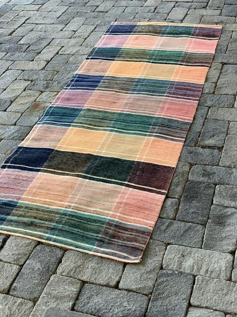 Spectacular early 20th c Rag Carpet: Title: Spectacular early 20th c Rag Carpet Provenance/Additional Info: Complex pattern with salmon, blue, green, ivory, red & pale apricot. Dimension: 8 ft. 11 in. x 39” Circa:early 20th c Shipp