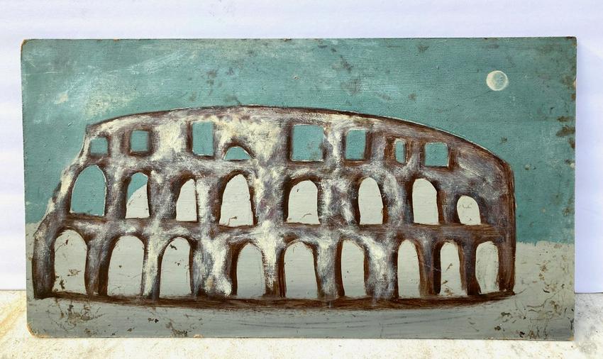 C1940 interesting painting on Masonite: Title: C1940 interesting painting on Masonite Dimensions: Approximately 13” x 24”. Provenance/Additional Info: The colosseum Shipping: Domestic: Flat-rate of $25.00 to anywhere within the