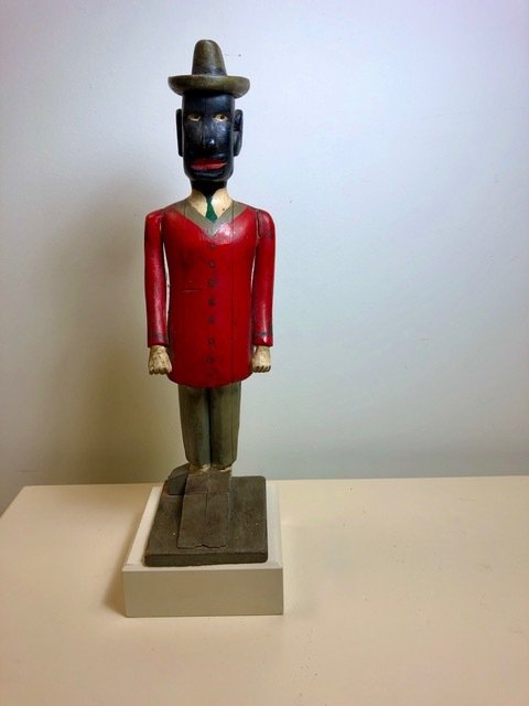 FOLK ART DOORSTOP: Title: FOLK ART DOORSTOP Date: CIRCA 1920 Dimensions:15-1/2” T, 5” BASE Additional Information: Hand Carved in original condition, including paint. Shipping: Domestic: Flat-rate of $35.00 to anywh