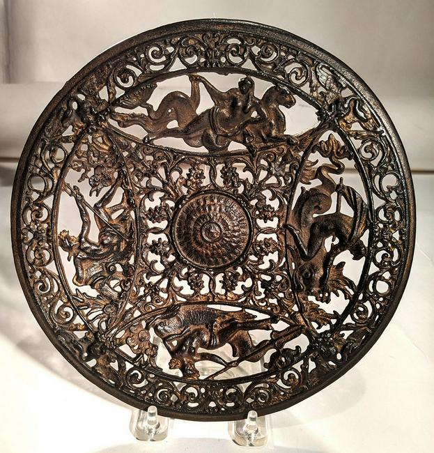 Cast Iron Mystical Plaque: Title: Cast Iron Mystical Plaque Date/Period: 19th Century Origin: English Dimension: 8 3/4" D Provenance/Additional Info: Cast Iron Mystical Plaque / plate decoration ~ probably Coalbrookdale. Shippi