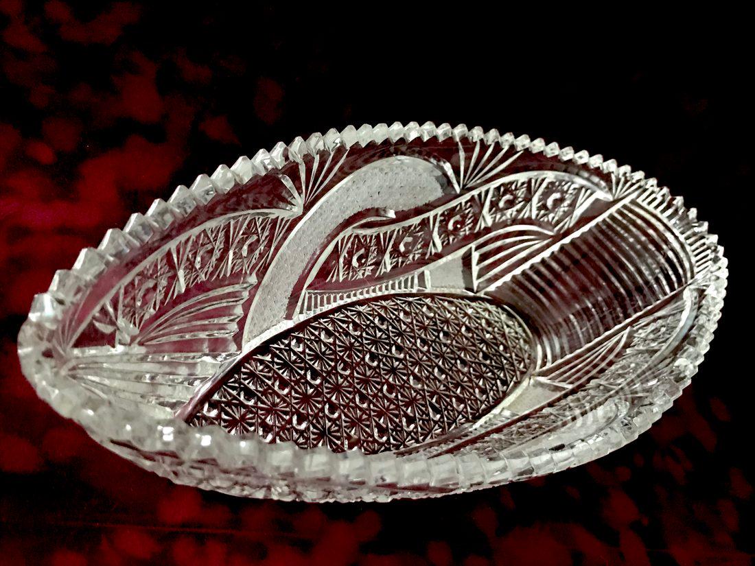 Assymetric Crystal hand carved vase 35x15cm 1.8kg: Title: Assymetric Crystal hand carved vase 35x15cm 1.8kg Maker: Bohemia Origin: Czech Date/Period: mid century Materials: crystal glass, structure 24% PbO Size:35x15cm, H10cm Description: Reserve: $20