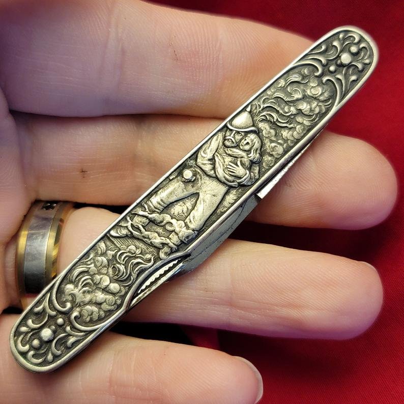 Old Timer Antique Embossed Silver Pocket Knife: Title: Old Timer Antique Embossed Silver Advertising Split Back Whittler Pocket Knife Knives Estate Find H and B Fireman's Fund Insurance Date/Period: 1910's Dimensions: 3 1/4" closed Reserve: $300.00