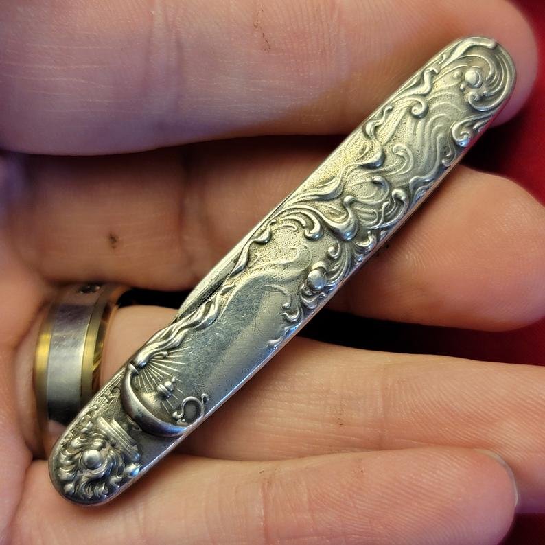 Old Vintage Antique Sterling Silver Pocket Knife: title: Old Vintage Antique Sterling Silver Figural Aladin Oil Lamp Wostenholm IXL Pen Fob Pocket Knife Knives Date/Period: 1890's Dimensions: 2 7/8" closed Reserve: $300.00 Shipping: Domestic: Flat-ra