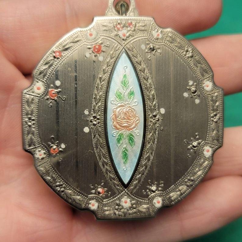 Old Vintage Antique Victorian Era Compact: Title: Old Vintage Antique Victorian Era Enamel Silver Guilloche Compact Makeup Powder Case Art Deco Estate Find Floral Date/Period: 1920's Dimensions: 2 1/8" x 2 1/8", 72.9g Reserve: $100.00 Shipping