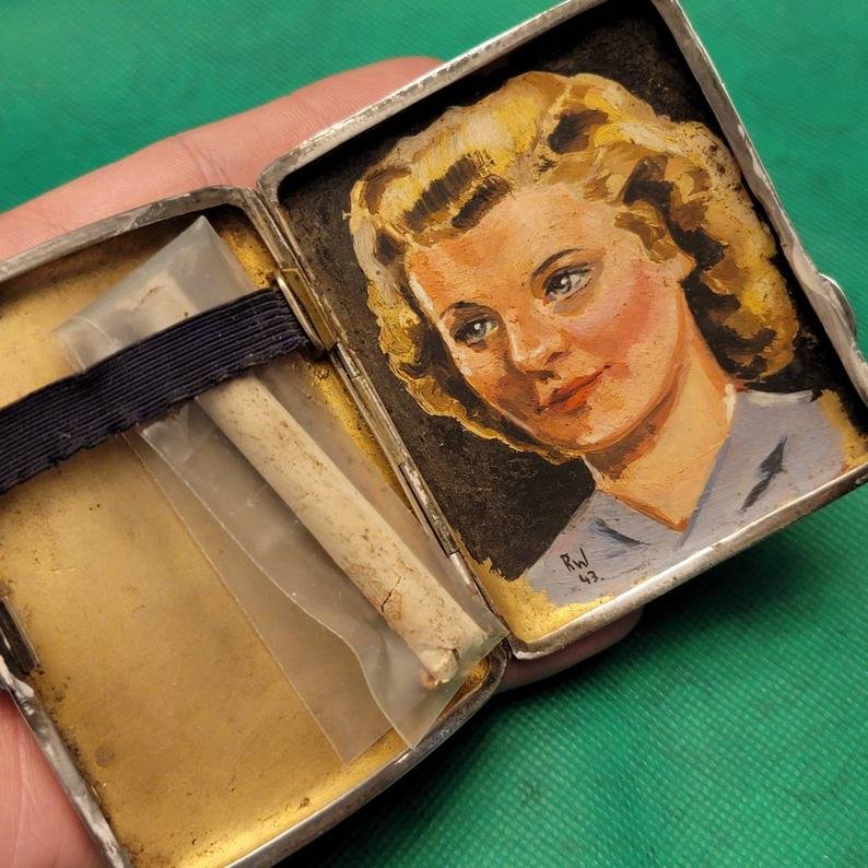 Old Hand Painted World War 2 Trench Art Cigarette Case: Date/Period: 1930's Dimensions: 3" x 3 1/2", 76.5g Reserve: $500.00 Shipping: Domestic: Flat-rate of $9.99 to anywhere within the contiguous U.S. International: Foreign shipping rates are determined b