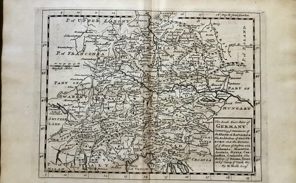 South east Germany: Title: South east Germany Date/Period: 1729-1736 Materials: Copperplate engraved. Size: 13 1/2 x 9 “ Description: By. H. Moll. From. Atlas minor. Published. London. Reserve: $15.00 Shipping: Domesti