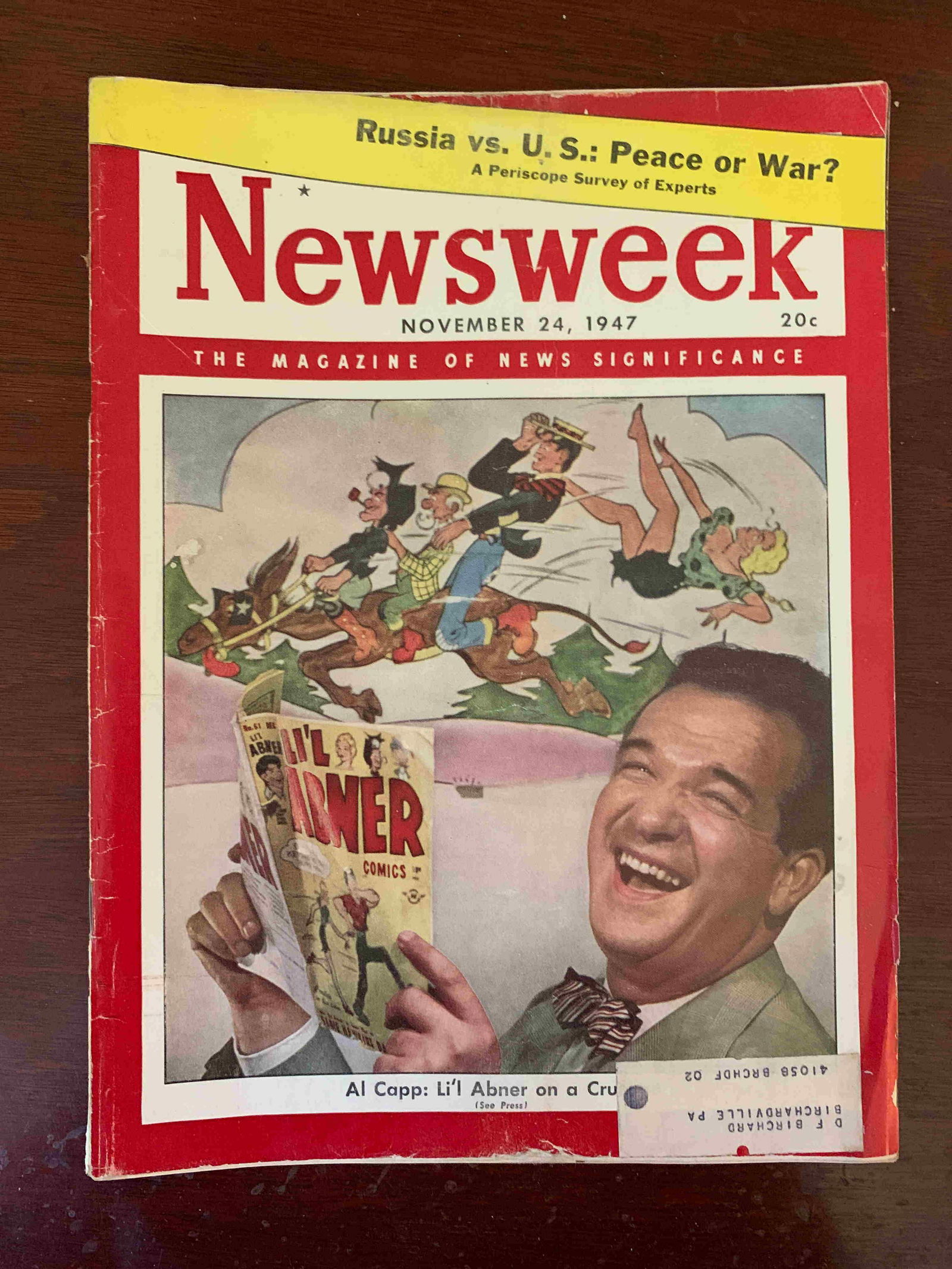 November 24, 1947 Newsweek: Title: Al Capp: Li'l Abner Date/Period: November 24, 1947 Materials: Paper magazine Dimension: 10.5 inches x 13.5 Reserve: $15.00 Shipping: Domestic: Flat-rate of $10.00 to anywhere within the contigu