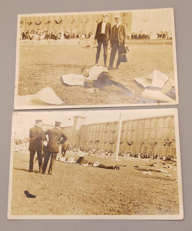 Rare 1920: Title: Rare 1920's Pair of Prison Yard Pie Eating Contests Photographs Artist: Anonymous Date/Period: 1918-1929 Materials: RPPC Silver Print Dimensions: 3 1/4" x 5 1/4" Decription: 2 Early Prison Yard
