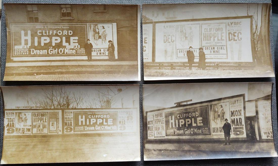 4 Vaudeville Clifford Hipple Billboards: Title: 4 Vaudeville Clifford Hipple Billboards Artist: Anonymous Date/Period: 1910's Materials: Sepia Silver Prints Dimensions: 3 1/4" x 5 1/2" Decription: 1910's Hipple Performance Building Advertise