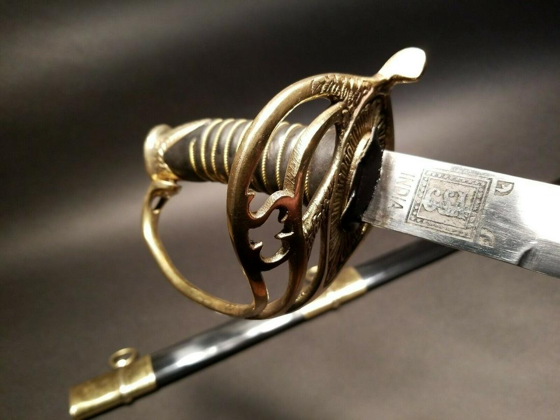Shelby Officers Confederate CS Sword: 42" long with black steel scabbard Nice Reproduction civil war sword. Dull carbon steel blade "India" on both sides as shown in the images... Reserve: $60.00 Shipping: Domestic: Flat-rate of $25.00 to