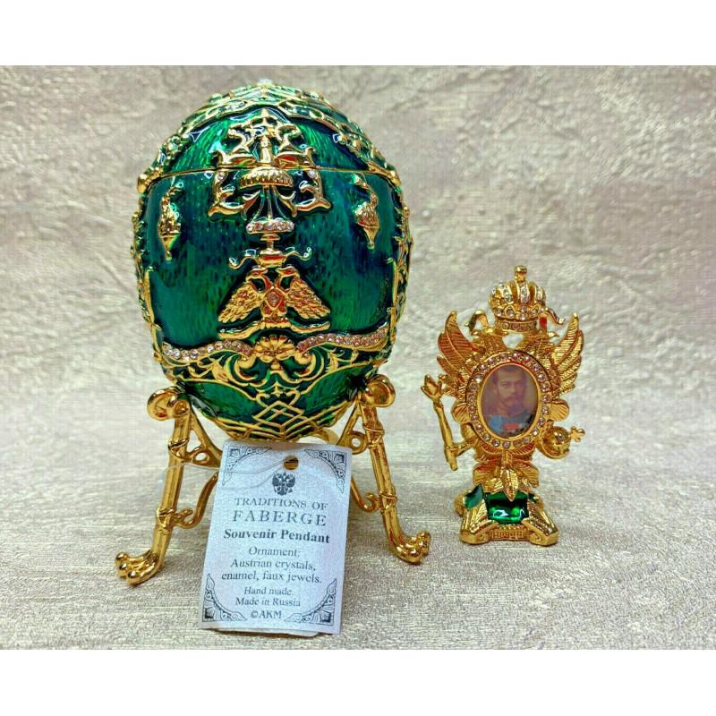 Green Decorative Faberge Egg with Tsarevich enamel: DESCRIPTION: The elegant box is made in the best traditions of the famous court supplier of the Russian tsars. The original Tsarevich egg became a traditional gift from Emperor Nicholas II to his belo