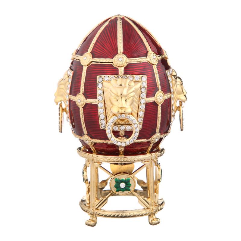 Decorative Faberge Egg Lions Trinket Jewelry Box: DESCRIPTION: The egg is made alloy of non-ferrous metals, enamel, crystals. The top opens on a hinge and has a magnetic closure to keep the box securely shut. This piece is a unique one of a kind piec