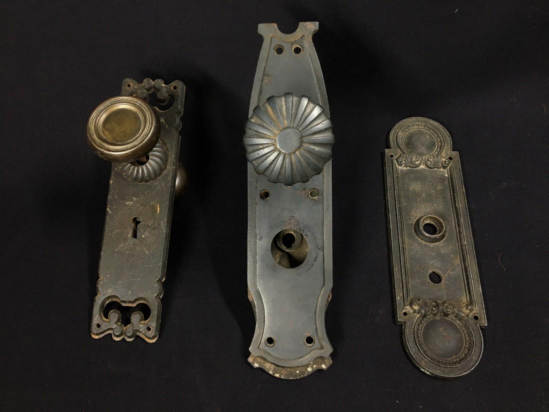 Misc interesting Victorian fancy knobs & back plates: Title: Misc interesting Victorian fancy knobs & back plates Date/Period: 1880-1900 Materials: Cast iron brass bronze Dimensions: Pair of iron back plates #1: H.9.25 x W.2.25 inches with knobs Descript