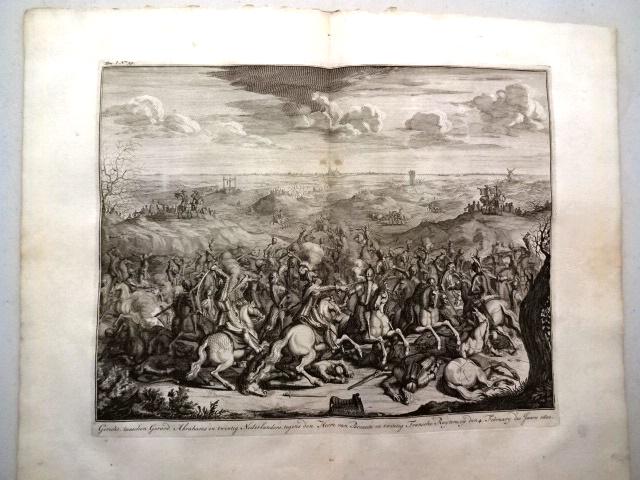 1730 Engraving Fine Battle Scene: 1730 engraving showing a fierce battle scene of armored soldiers printed at Amsterdam. Fine condition, folding, measures 18 x 14.5". Reserve: $40.00 Shipping: Domestic: Flat-rate of $5.00 to anywhere 
