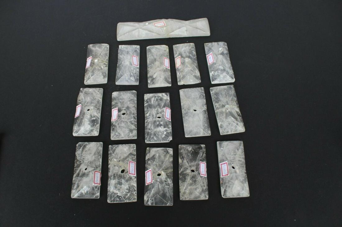 Rock Crystal Chandelier and Sconce Parts , Carved: Custom made blocks designed for Wall Sconces or Chandelier,s Already drilled for installation . 3 1/2 " by 1 5/5 " wide and 3/4" thick . Expensive to make and ship to the US . There is 15 smaller ones