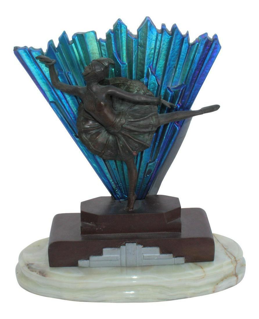 Art Deco Glass Shade Bronze Base Lamp: Title: Art Deco Glass Shade Bronze Base Lamp DIMENSIONS: 14"W × 4"D × 14"L/ STYLES: Art Deco, Modern PERIOD: 1990s ITEM TYPE: Vintage, Antique or Pre-owned MATERIALS: Bronze, Glass, Onyx CONDITION: 