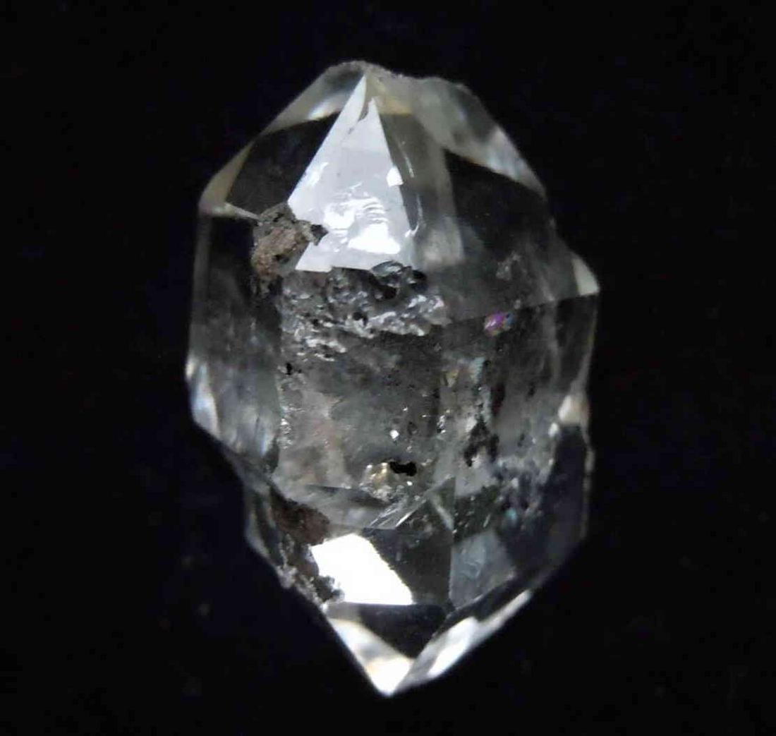 GENUINE HERKIMER DIAMOND: Title: GENUINE HERKIMER DIAMOND Origin: Ace of Diamonds Mine, Middleville, New York, USA Size: 1.9x1.4x1 cm / 3.34 gram Description: skeletal double quartz var herkimer diamond with black inclusions a