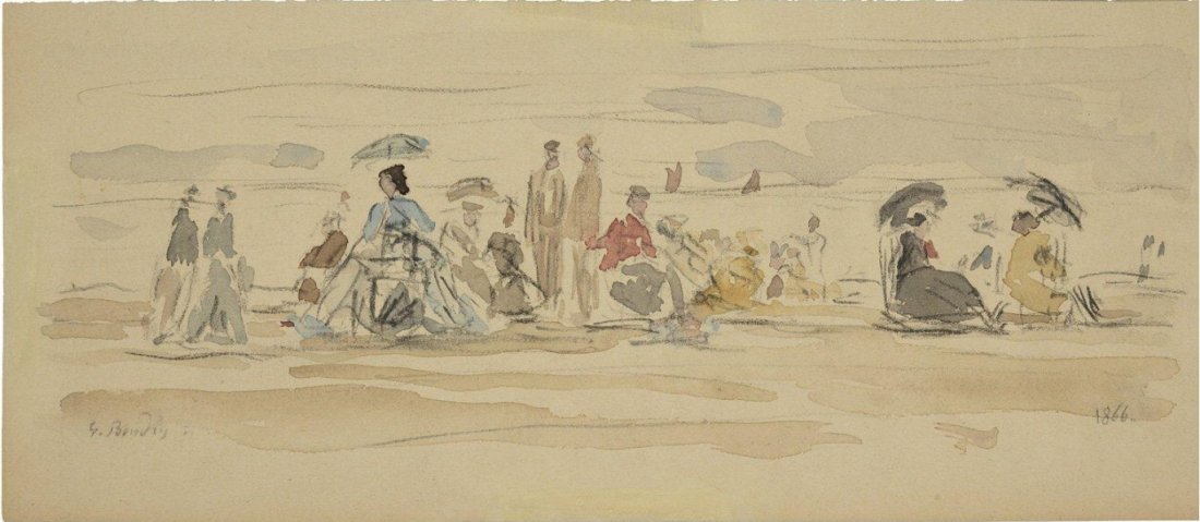 EUGENE BOUDIN - BOUDIN: Artist: EUGENE BOUDIN Title: BOUDIN Description: BEACH TROUVILLE 1866 Watercolor and charcoal on paper Signed "E.Boudin. " at the bottom left and dated "1866" lower right 13.1 x 31.4 cm - 5.1 x 11.9 i