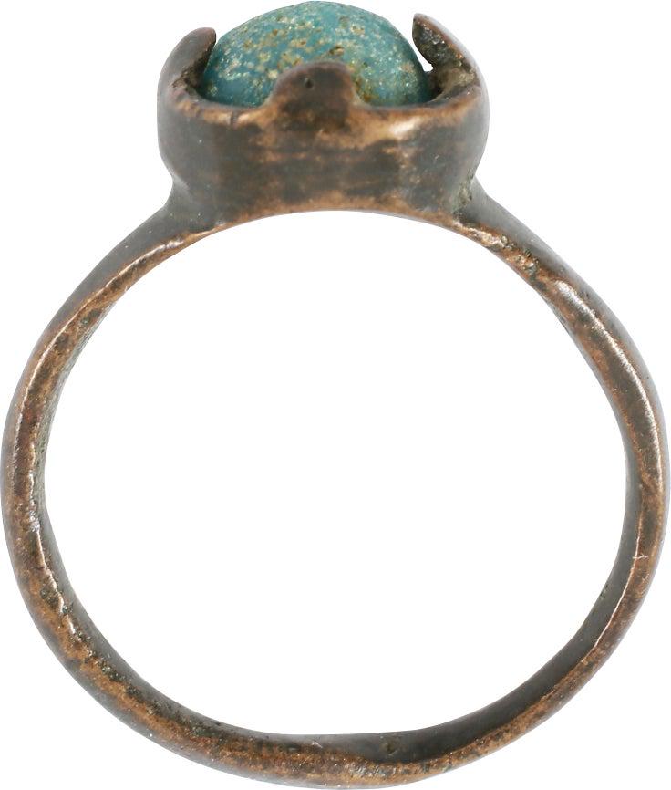 MEDIEVAL FASHION RING 1200-1450 AD JEWELRY, SIZE 4 ½: Size 4 1/2. Narrowband, 2.4mm, with a rounded face, flaring to the shoulders. Circular bezel with a green glass “stone”. Uncleaned as found and surface degraded from burial. Gift boxed with certif